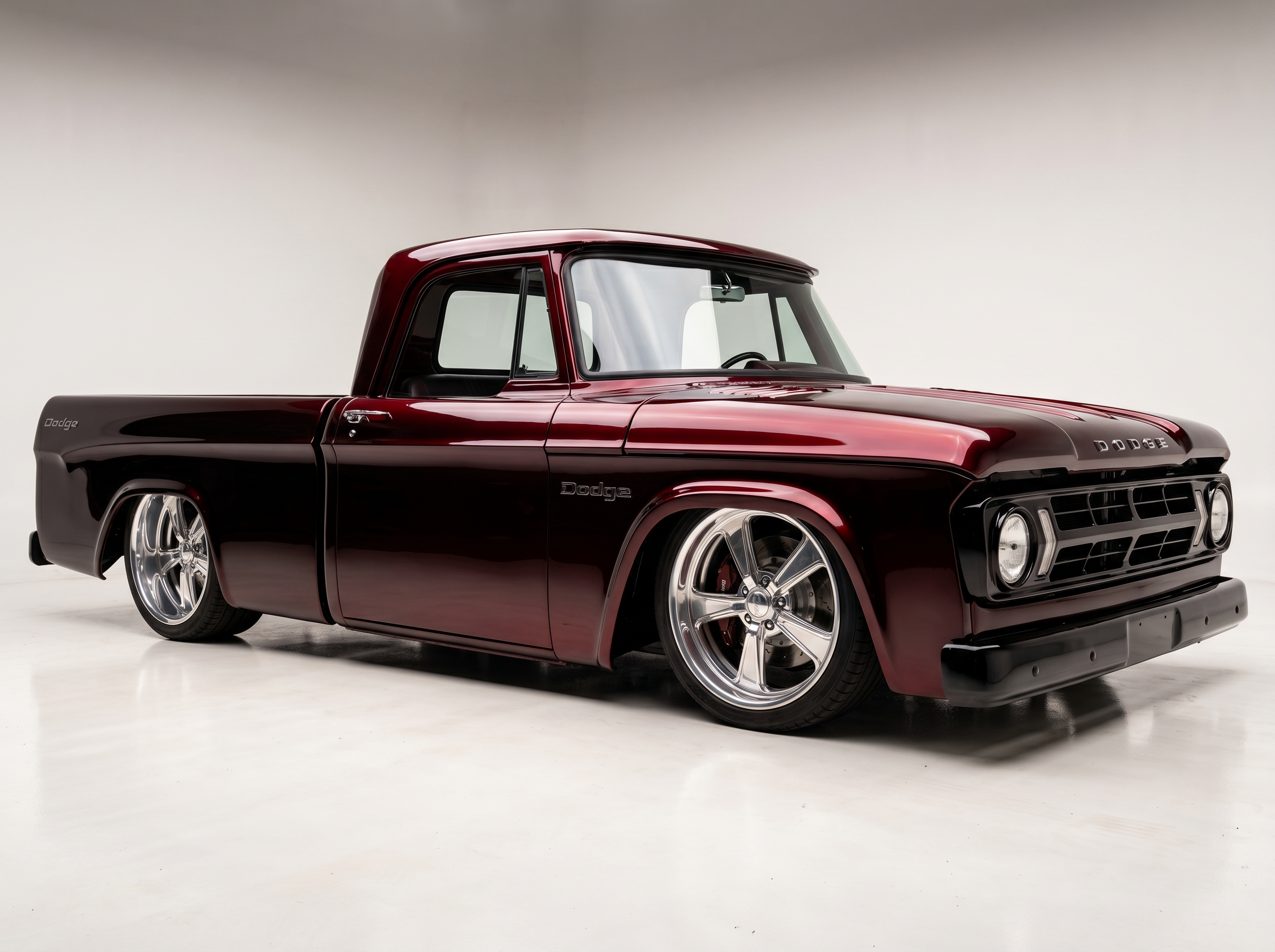 Black-cherry hero render of the Dodge build
